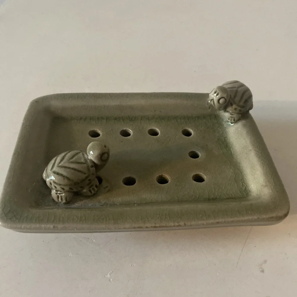Whimisical Sage Green Soap Dish With Drain Holes Turtles Glazed Pottey